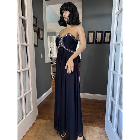 XSCAPE Navy Chiffon Jeweled Bodice Empire A-Line strapless Evening Gown 8 - Picture 10 of 16